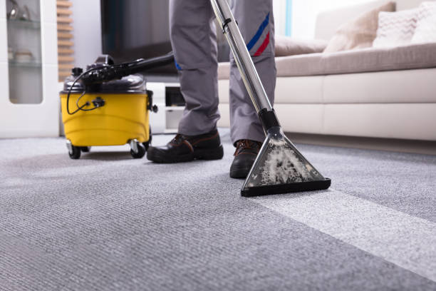 low section of a person cleaning the carpet with vacuum cleaner in living room